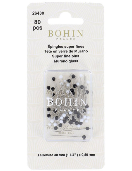 Caja de 80 alfileres superfino con cabeza de vidrio Murano negro y blanco Bohin