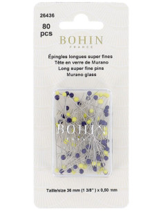 Caja de 80 alfileres largos superfino con cabeza de vidrio Murano azul y amarillo Bohin