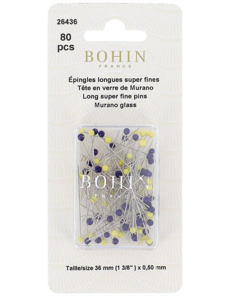 Caja de 80 alfileres largos superfino con cabeza de vidrio Murano azul y amarillo Bohin