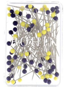 Caja de 80 alfileres largos superfino con cabeza de vidrio Murano azul y amarillo Bohin 2
