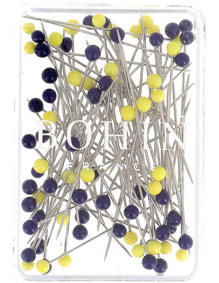 Caja de 80 alfileres largos superfino con cabeza de vidrio Murano azul y amarillo Bohin