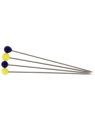 Caja de 80 alfileres largos superfino con cabeza de vidrio Murano azul y amarillo Bohin