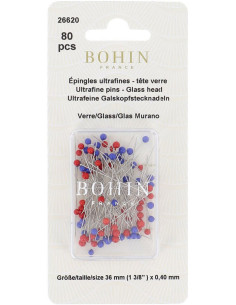 Caja de 80 alfileres ultra finos con cabeza de vidrio Murano Bohin