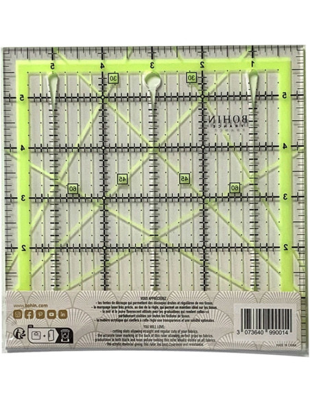 Regla de patchwork con ranuras de corte Bohin 6 x 6 pulgadas