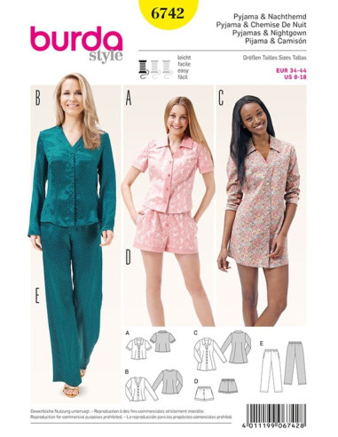 Patrón de pijamas y camisón - Burda 6742