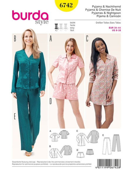 Patrón de pijamas y camisón - Burda 6742