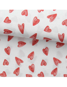 Tejido de doble gasa estampado - Corazones rojos sobre fondo blanco