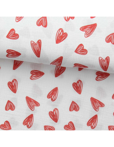 Tejido de doble gasa estampado - Corazones rojos sobre fondo blanco