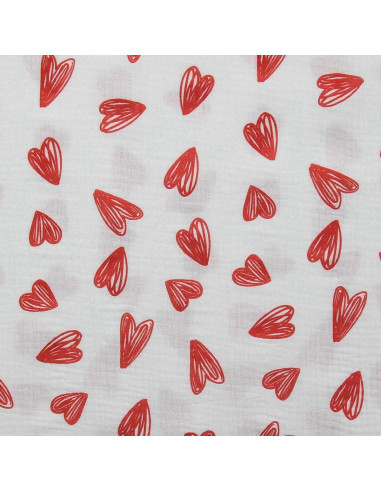 Tejido de doble gasa estampado - Corazones rojos sobre fondo blanco