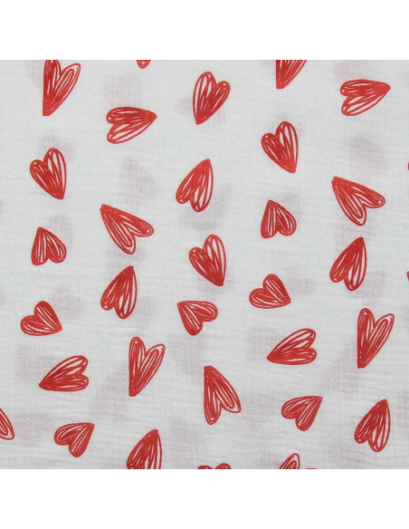 Tejido de doble gasa estampado - Corazones rojos sobre fondo blanco