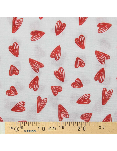 Tejido de doble gasa estampado - Corazones rojos sobre fondo blanco