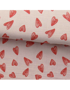 Tejido de doble gasa estampado - Corazones rojos sobre fondo beige