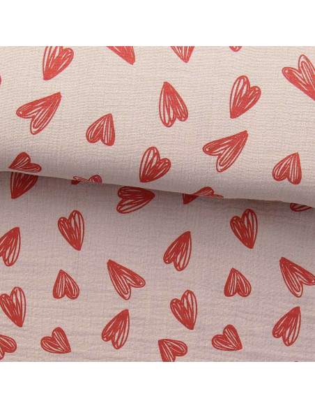 Tejido de doble gasa estampado - Corazones rojos sobre fondo beige