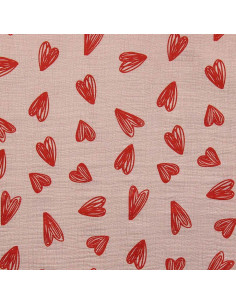 Tejido de doble gasa estampado - Corazones rojos sobre fondo beige 2