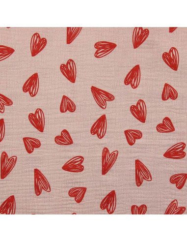 Tejido de doble gasa estampado - Corazones rojos sobre fondo beige