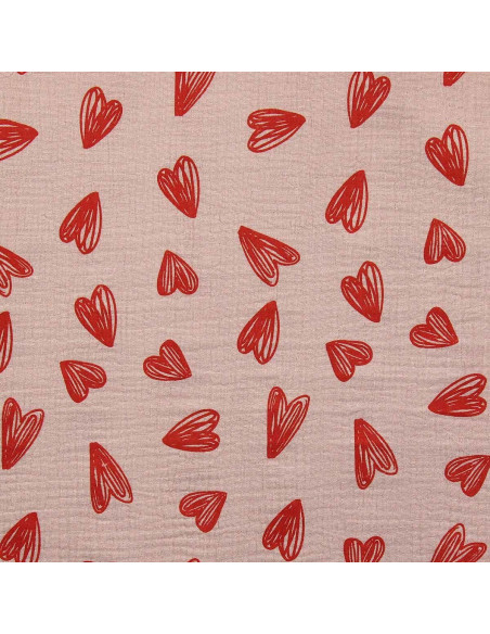 Tejido de doble gasa estampado - Corazones rojos sobre fondo beige
