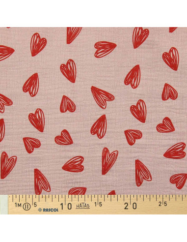 Tejido de doble gasa estampado - Corazones rojos sobre fondo beige