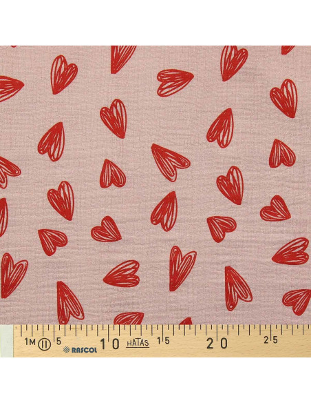 Tejido de doble gasa estampado - Corazones rojos sobre fondo beige