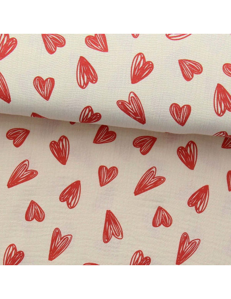 Tejido de doble gasa estampado - Corazones rojos sobre fondo crudo