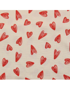 Tejido de doble gasa estampado - Corazones rojos sobre fondo crudo 2