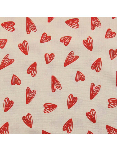 Tejido de doble gasa estampado - Corazones rojos sobre fondo crudo