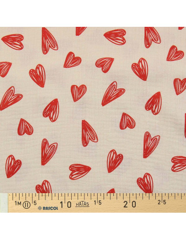 Tejido de doble gasa estampado - Corazones rojos sobre fondo crudo