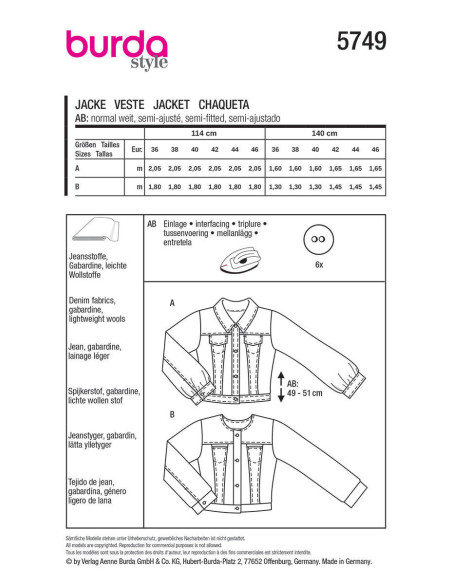Patrón de chaqueta - Burda 5749