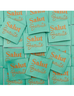 Lote de 5 etiquetas tejidas para coser Hola Belleza - Turquesa