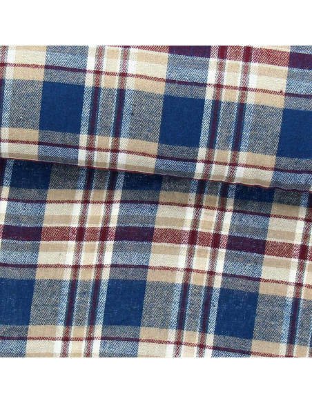 Tela de franela tartán escocés - Azul, beige y rojo