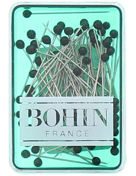 Caja de 80 alfileres extrafinos con cabeza de vidrio negro Bohin