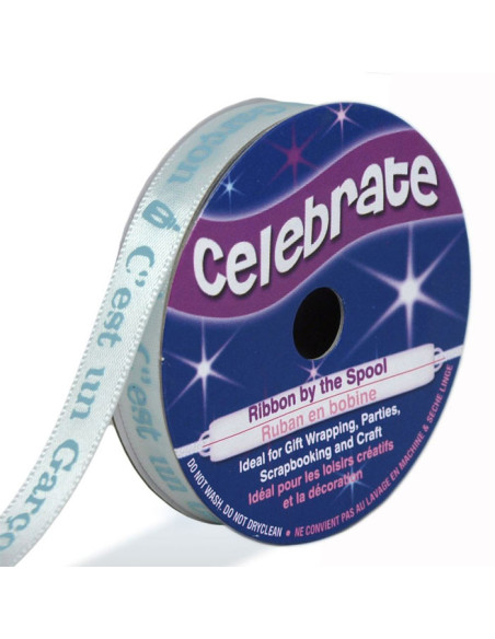 Cinta de satén Celebrate blanca impresa en azul es un niño - 10 mm x 4 metros