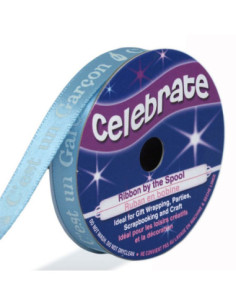 Cinta de satén Celebrate azul con impresión blanca es un niño - 10 mm x 4 metros
