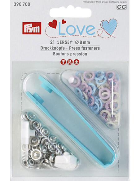 Caja de 21 botones de presión de jersey rosa, azul y crudo con herramienta de 8 mm