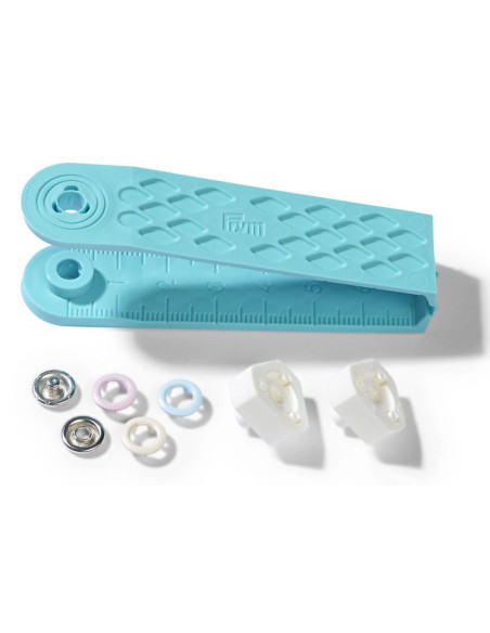 Caja de 21 botones de presión de jersey rosa, azul y crudo con herramienta de 8 mm