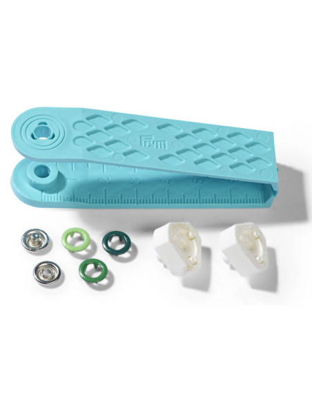 Caja de 21 botones de presión de jersey surtidos en tonos verdes con herramienta de 8 mm.
