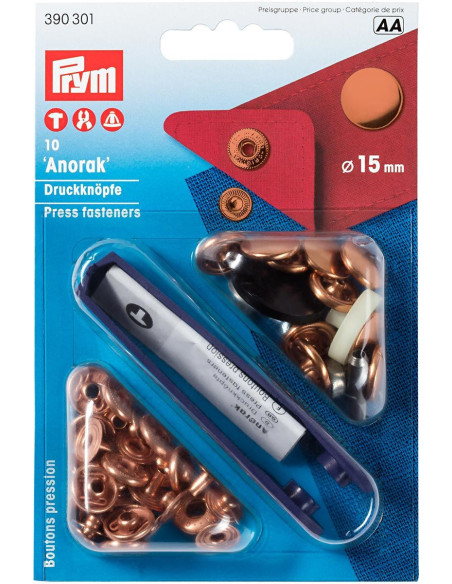 Caja de 10 botones de presión anorak Cobre con herramienta 15 mm