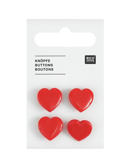 Tarjeta de 4 botones corazones - Rojo 15 x 15 mm