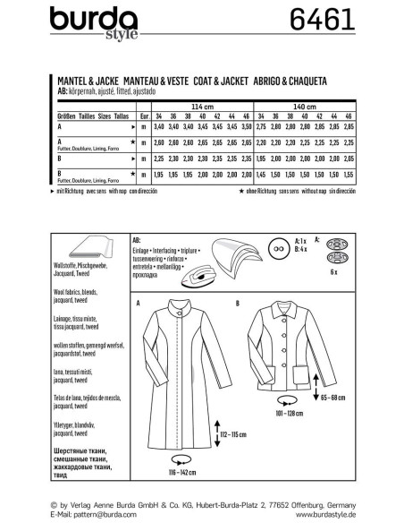 Patrón de abrigo y chaqueta - Burda 6461