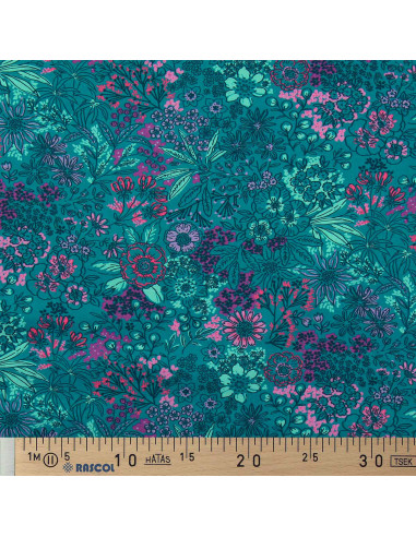 Tejido popelina de algodón - Flores azul petróleo