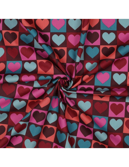 Tejido popelina de algodón - Corazón fondo burdeos