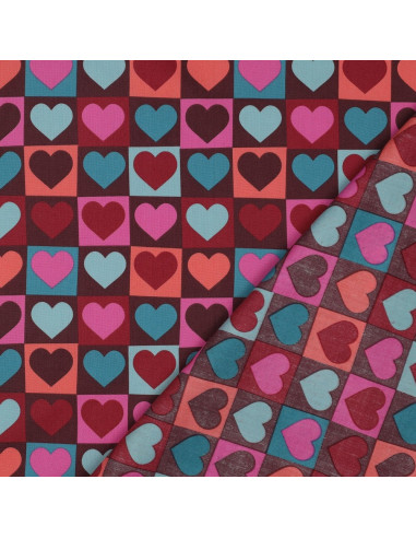 Tejido popelina de algodón - Corazón fondo burdeos