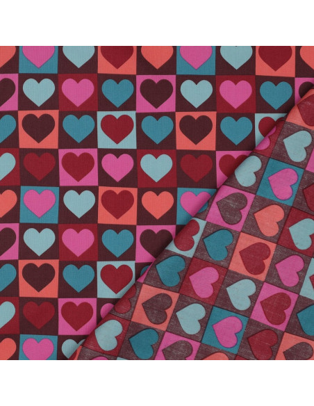 Tejido popelina de algodón - Corazón fondo burdeos