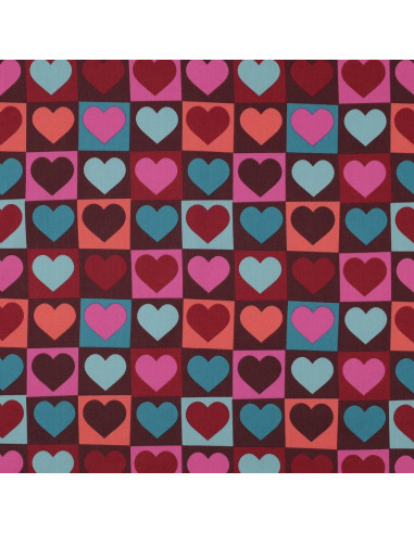 Tejido popelina de algodón - Corazón fondo burdeos