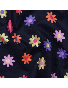 Tejido de pana de mil rayas fantasía - Flores sobre fondo azul marino