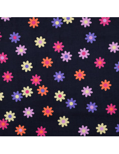 Tejido de pana de mil rayas fantasía - Flores sobre fondo azul marino 2