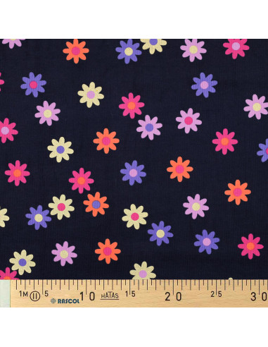 Tejido de pana de mil rayas fantasía - Flores sobre fondo azul marino