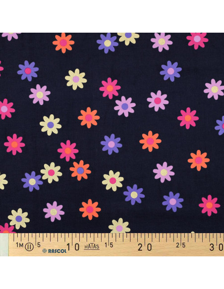 Tejido de pana de mil rayas fantasía - Flores sobre fondo azul marino