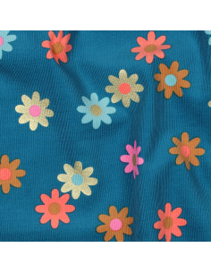 Tejido de pana fantasía - Flores fondo azul petróleo