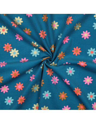 Tejido de pana de mil rayas fantasía - Flores sobre fondo azul petróleo