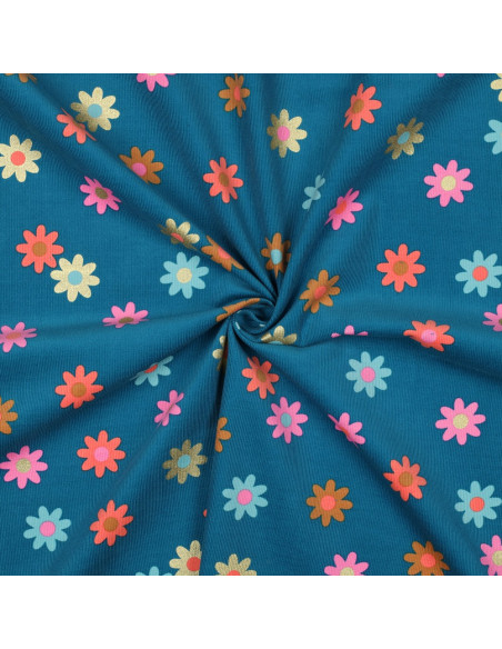 Tejido de pana de mil rayas fantasía - Flores sobre fondo azul petróleo